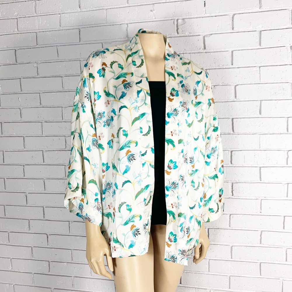 Violet and Claire Floral Kimono Cardigan White Teal Blue Open Front Boho L